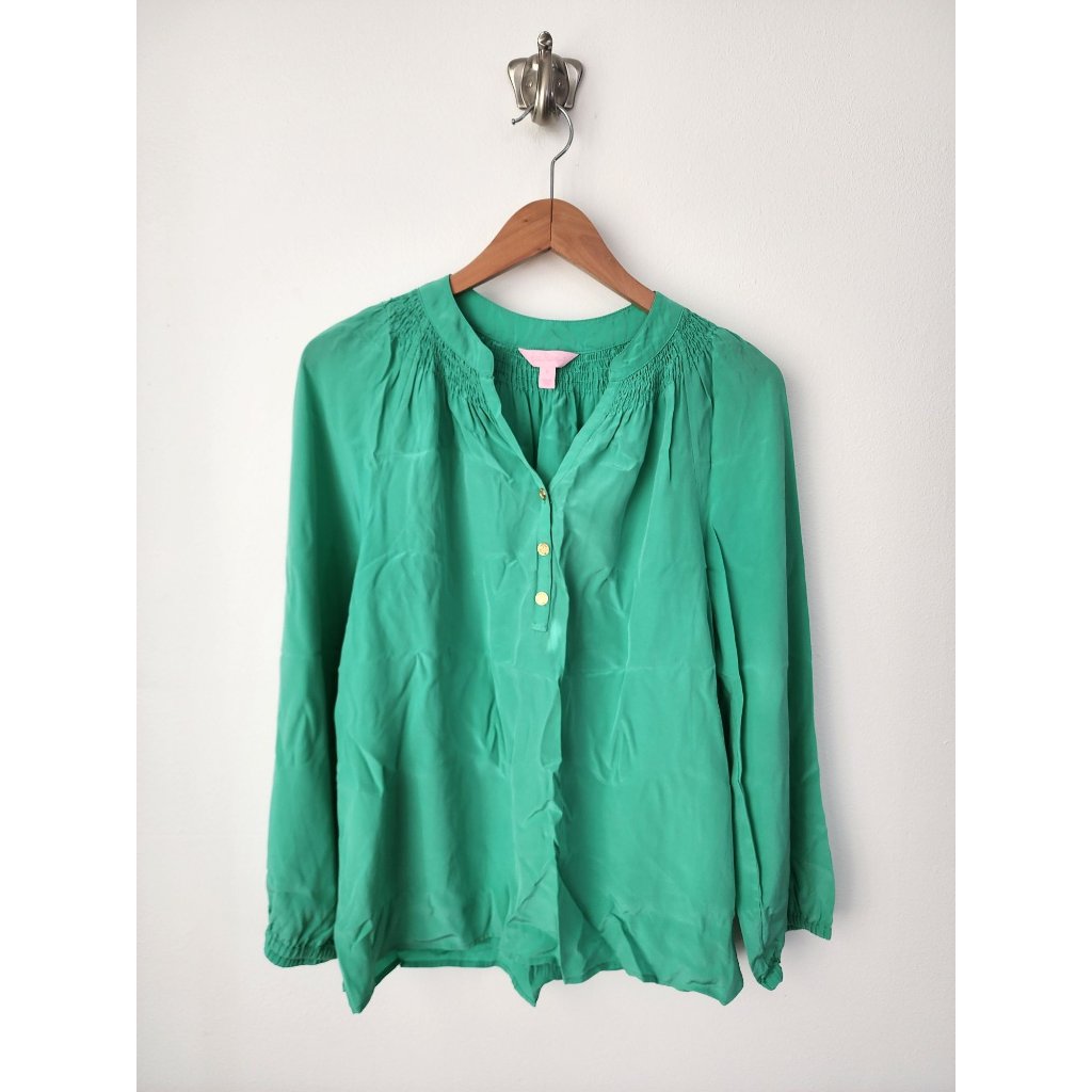 Lilly Pulitzer Elsa Green Silk Long Sleeve Blouse S